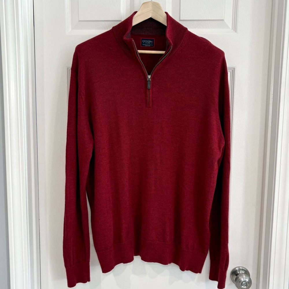 UNTUCKit 'Belguardo' Red 100% Extra Fine Merino Wool 1/4 Zip Sweater Men XL